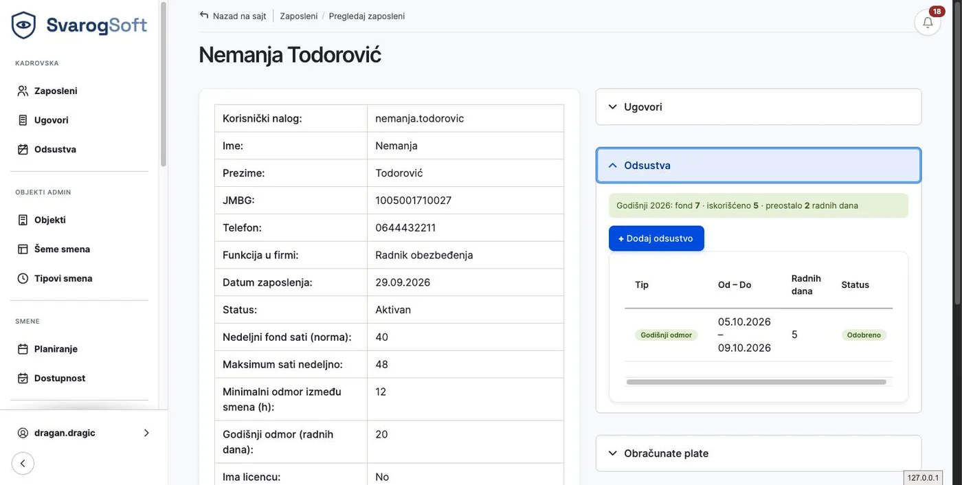 Kartica zaposlenog: korisnički nalog, funkcija, datum zaposlenja, nedeljna norma, maksimum sati, minimalni odmor između smena i stanje godišnjeg odmora