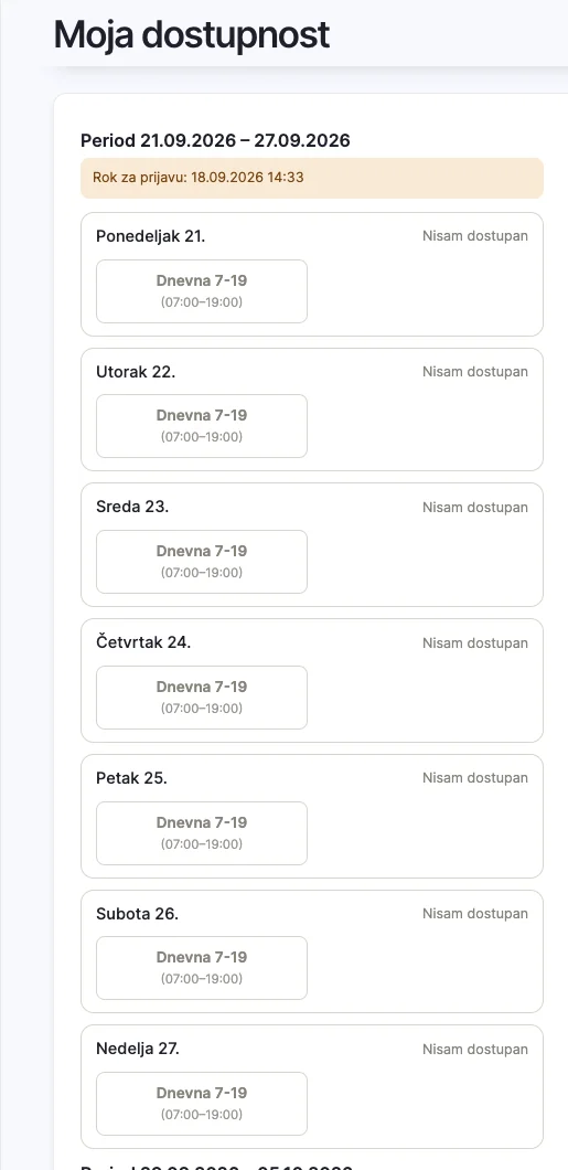 Mobilni ekran Moja dostupnost sa periodom planiranja, rokom za prijavu i smenama po danima